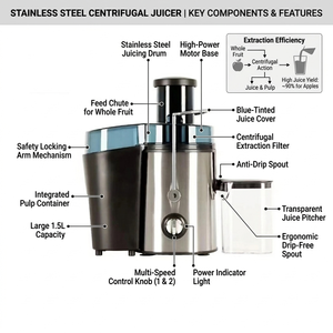 <span class=keywords><strong>Extracteur</strong></span> <span class=keywords><strong>de</strong></span> <span class=keywords><strong>jus</strong></span> centrifuge à large goulotte d'alimentation en acier inoxydable pour fruits et légumes, facile à nettoyer, fonctionnement sûr - Product Image 2