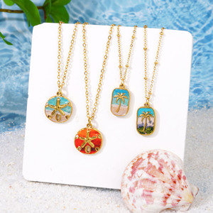 Kalung baja tahan karat berlapis emas mode baru perhiasan baja tahan karat pohon palem Seri laut Enamel warna-warni untuk hadiah - Product Image 1