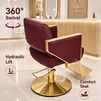 Fauteuil de Barbier Personnalisé OEM/ODM en Cuir Rouge Vin avec Base Ronde en Métal Doré – Mobilier Professionnel pour Salon de Coiffure