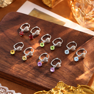 9 paires de boucles d'oreilles créoles en argent sterling 925 brossé, avec pierre naturelle ronde de 5 mm, style français, pour femmes - Product Image 5