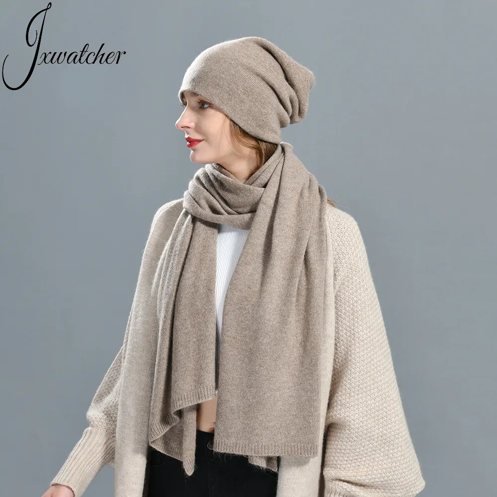 Wholesale Double Layer Reversible Beanie Hat and Scarf Set Long Shawl Winter Women Slouchy Knitted Cashmere Scarf and Hat Set