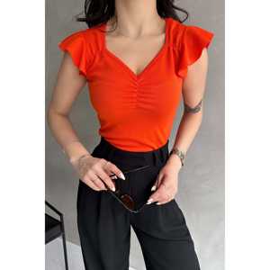 Blusa Elegante de Crepé con Cuello en V para Mujer, Color Naranja, con Volantes en los Hombros, Estilo Casual para el Día a Día - Product Image 1