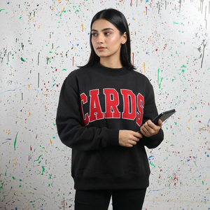 CARDS BLACK <b>Mock</b> <b>Neck</b> Sweatshirt 100% Cotton Applique Embroidery wide <b>neck</b> Sweatshirt sorority wear Finer Threads - Product Image 1