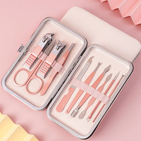 Ensemble de manucure et pédicure portable en acier inoxydable rose, 10 pièces, coupe-ongles, kit pour usage domestique