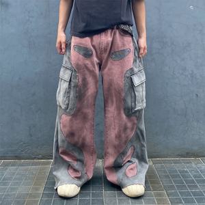 Jeans Retro de Trabajo para Hombre con Diseño de Parches, Pierna Ancha y Holgada, Adecuados para Tendencias Urbanas y Hip-hop de los Años 2000 - Product Image 1