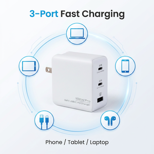 Adaptateur pliable 3 ports USB-C USB-A 100W GaN, chargeur mural à charge rapide pour MacBook Pro/Air iPad <span class=keywords><strong>iPhone</strong></span> Galaxy S24 - Product Image 2
