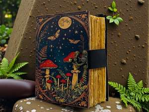 Diario de Cuero con Diseño de Hongo de 400 Páginas, con Papel Hecho a Mano con Borde Decorativo, Regalo Personalizado, Libro de Hechizos en Blanco, Libro de Sombras Wiccan Pagan - Product Image 2