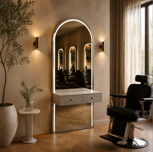 Modern Metal LED Lighted Arch <b>Mirror</b> Built-in Double Drawers Customizable Vanity <b>Desk</b> <b>Mirror</b> Set for Salon-Factory Direct - Product Image 1
