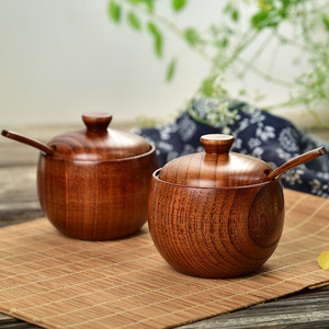 Salero de madera, azucarero, pimentero, contenedor de condimentos con tapa y cuchara, caja de especias de madera, tarros de especias - Product Image 4