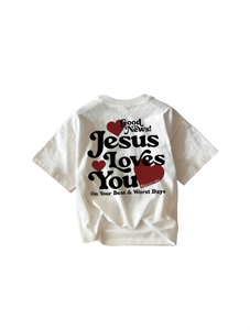 T-Shirt con Stampa 'Jesus Loves You' per Uomo, Manica Corta, Collo Tondo, Casual, 100% Cotone Jersey, Vestibilità Regolare, Logo sul Retro - Product Image 1