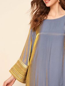 N-2 Abaya Modesta de Dubái Árabe en Algodón Brillante Ropa Musulmana Tradicional de Lujo con Organza Centelleante para Mujer Corte A Azul - Product Image 4