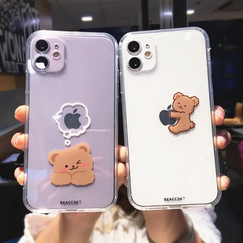 Funny Cute Cartoon Bear Clear Phone Case For iPhone 13 Pro Max 12 Mini 11 X XS XR 7 8 Plus Animal Couple Transparent Soft Cover