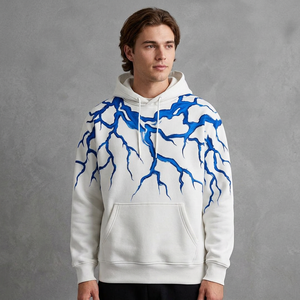 Sweat-shirt à capuche blanc pour homme, imprimé éclairs bleus, coupe classique, en coton tricoté, décontracté, pour l'automne, avec poches - Product Image 2