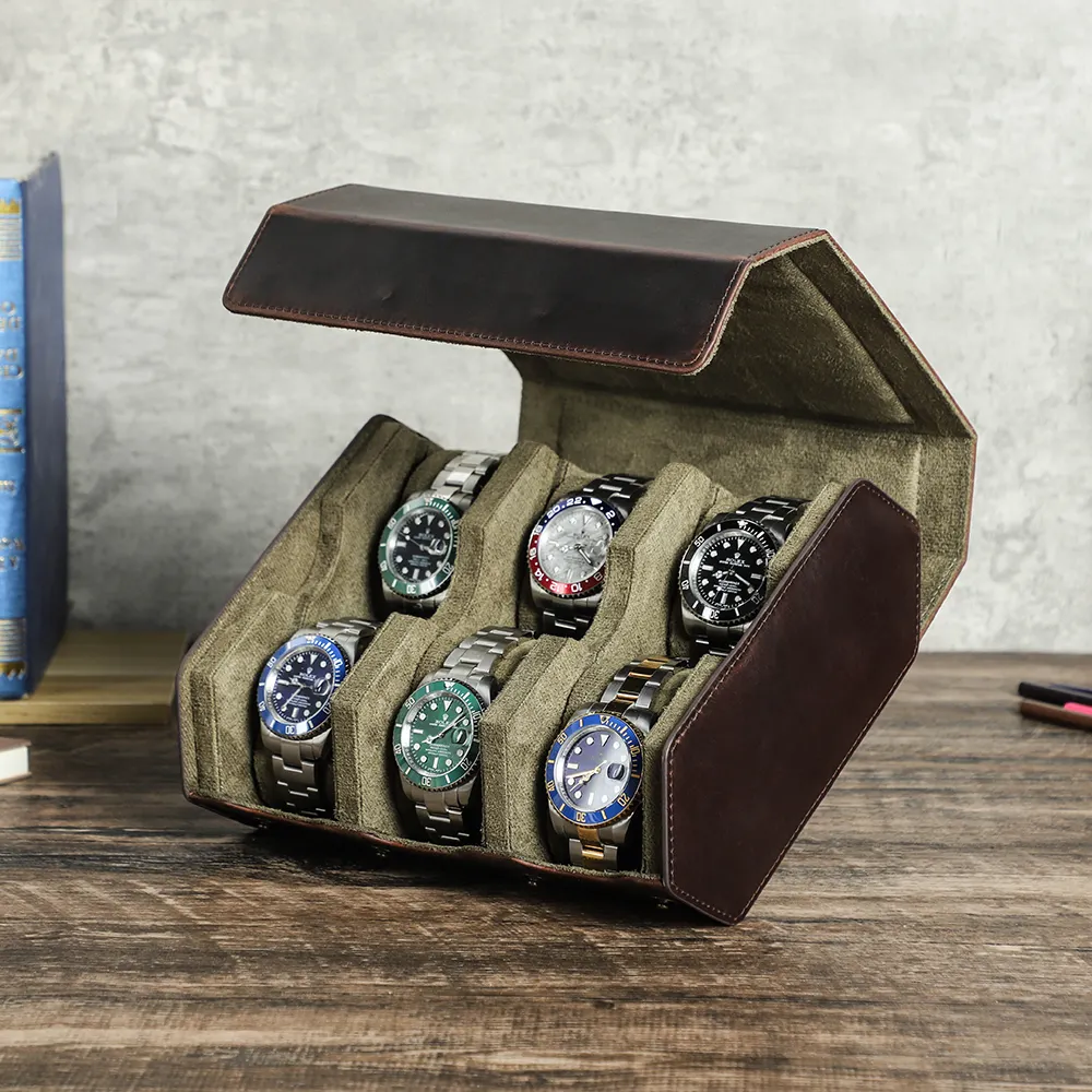 Kotak jam tangan segi enam kulit 6 slot kustom kotak jam tangan menampilkan pengatur penyimpanan kulit jam tangan pria casing perjalanan