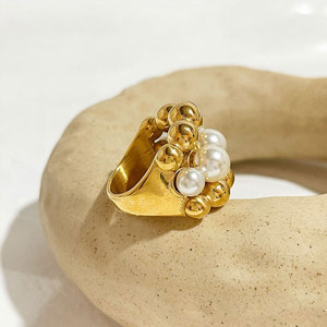 Waterproof Non Tarnish <b>Rings</b> 14k 18k PVD Gold Plated Fashion 316L Stainless Steel Statement Pearl Bead <b>Ring</b> for Women - Product Image 3