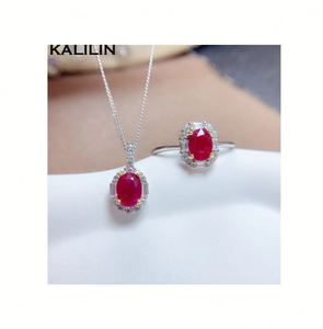 Conjunto de joyería de rubí natural, corte ovalado, collar de plata 925, anillo clásico, joyería fina para boda para mujer - Product Image 1