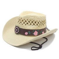 Chapeau de cowboy occidental en paille tressée à la main pour femme, avec bandeau brodé floral et perles, large bord, idéal pour la plage et les voyages, protection solaire estivale