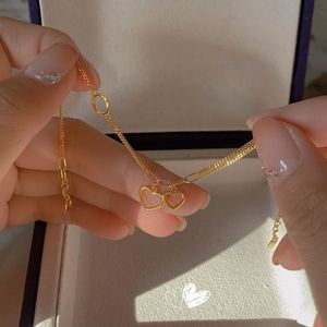 Xinfly 18K Real Gold <b>Bracelet</b> Two Hollow Hearts Fine Jewelry Unisex Classic <b>Cute</b> Yellow Gold - Product Image 3