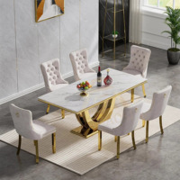 Ensemble de table à manger rectangulaire contemporaine Fanaosi 6 places avec chaises, pieds en acier inoxydable et plateau en marbre pour la maison ou la villa