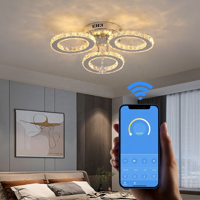 Modern 27W LED 3 Ring Home Crystal Smart APP Led Ceiling Light With Remote Control Brightness for Living Room