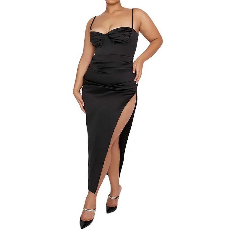 Custom Dress Source Factory Oem Women Clothing Black Satin Pleated Corset Evening Sexy Midi Dress