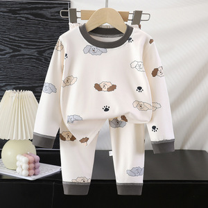 Venta al por mayor barato 2 uds otoño nuevo patrón de dibujos animados lindo cuello redondo manga larga niños niñas niños casa pijamas conjunto - Product Image 5