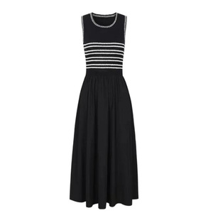 Sleeveless Knitted Dress With Stripes Elastic Waist Long <b>Skirt</b> Women Summer O Neck Polyester Woven <b>Patchwork</b> Dress - Product Image 1