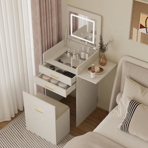 Integrated Makeup Dressing Table with Flip-top Mirror for Small Spaces, Compact Vanity Desk Set Cushioned Storage Stool - Product Image 1