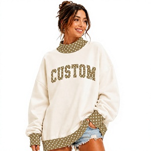 High Quality Women's Embroidered Patchwork <b>Letter</b> <b>Applique</b> Mockneck Full Sleeves Color Contrast Trim Loose Fit Eco-Friendly - Product Image 1
