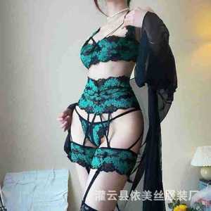 Manyu sexy lingerie women's new green peacock uniform seductive hot suspender set for bed without having to take it off for - Product Image 3