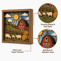 Boîte à souvenirs rustique personnalisée avec scène de ferme et grange |   Paysage en contreplaqué de peuplier multicouche découpé au laser, motif balles de foin de mouton