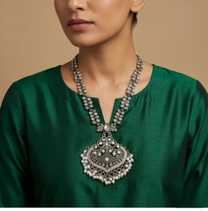 Designer Oxydized Ornate Filigree Pendant Necklace Earring Set Pearl Accents Women Traditional Ethnic <b>Wedding</b> Fashion Statement - Product Image 4