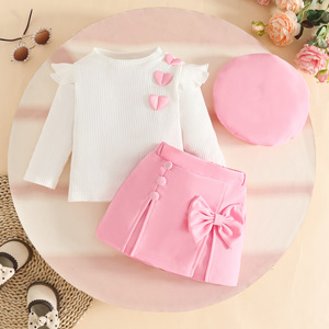 Châu Âu và Mỹ 0-<span class=keywords><strong>3</strong></span>-năm-tuổi bé gái cotton in thoáng khí dài tay áo Pit tình yêu nút Bow chia váy Beret phù hợp với - Product Image 5