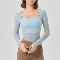 Bra Olahraga Wanita Model Dua Bagian Berbahan Mesh dengan Cup Tetap, Cocok untuk Pakaian Luar Saat Lari, Fitness, Yoga, Atasan Lengan Panjang untuk Musim Gugur