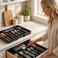 Organisateur d'ustensiles de cuisine extensible en plastique sans BPA, support réglable pour couverts, pour tiroir de cuisine, rangement gain de place