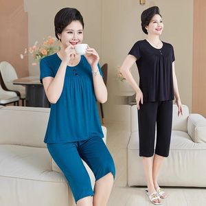 Women's Loose Fit Two Piece Set Short Sleeve <b>Top</b> Cropped Pants Casual Wear Breathable Knitted Summer Outfit Grey Pink Sea Blue - Product Image 2