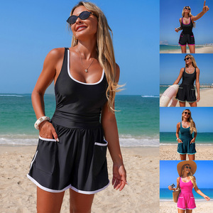 Maillot de bain une pièce pour femmes, couleur unie, col rond, avec poches, pour les sports nautiques de plage - Product Image 5
