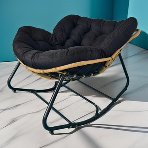 Fauteuil à bascule en forme de disque lunaire avec coussin épais en corail, corde tressée beige, base en métal noir, <span class=keywords><strong>chaise</strong></span> décorative pour salon intérieur - Product Image 1
