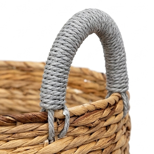 Natural Water Hyacinth <b>Storage</b> <b>Basket</b> Handcrafted Woven Towel Holder <b>Bathroom</b> Organizer Bin With Contrast Gray Handles - Product Image 4