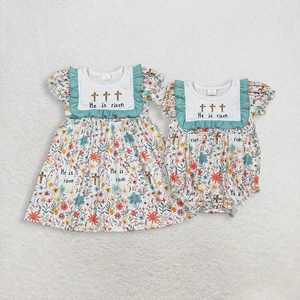 Vestido de Pascua para Niñas en Stock, con Diseño de Cruz, Flores y Hojas, en Azul-Verde, con Encaje y Manga Corta, Ropa para Niñas - Product Image 4