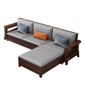 Sofá de madera maciza en forma de L estilo chino, muebles de sala de estar de nogal con almacenamiento para adultos y personas mayores - Product Image 3