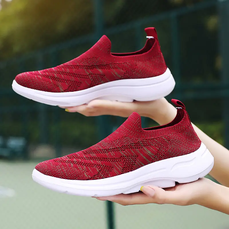 Đan Trên Womens Quá Khổ Trọng Lượng Nhẹ Quần Vợt Phòng Tập Thể Dục Chạy Bộ Sneakers Trượt Trên Đi Bộ Phong Cách Giày Giày Giày Đi Cho Phụ Nữ