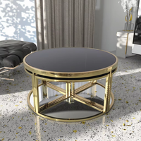 Ensemble de table gigogne multifonctionnel élégant cadre géométrique en or moderne et marbre de verre noir pour la décoration de meubles de maison contemporains