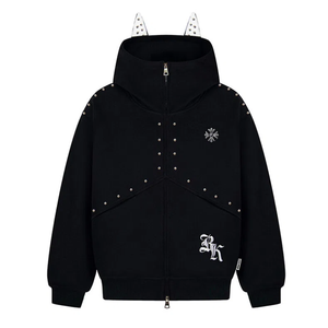 Sudadera con capucha extragrande de felpa francesa con cremallera, remaches y bordado, estilo punk, con logotipo personalizado, de corte holgado, para fabricantes de marcas de ropa - Product Image 2