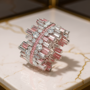 Anillo de Diamantes de Oro Blanco de Lujo para Mujer con Piedras Rosadas de Corte Brillante Redondo y Fantasía, Detalles Laterales de Baguette, Joyería de Boda F216 - Product Image 2