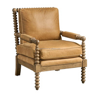 Fauteuil d'appoint vintage américain de luxe, aspect cuir marron, rembourré, avec structure en bois tourné, pour salon de villa