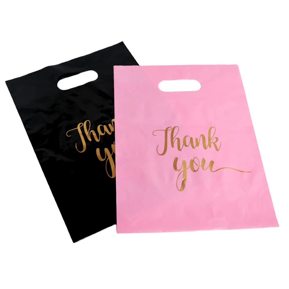 Prezzo di fabbrica logo personalizzato stampato al dettaglio nero rosa plastica piccola impresa supermercato imballaggio shopping bag grazie borse