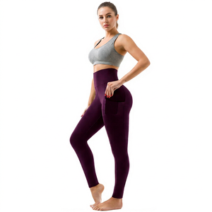 High Waist Seamless Yoga Leggings Women Solid Color Full Length With Pockets Four Way Stretch Spandex Nylon Pants - Product Image 1