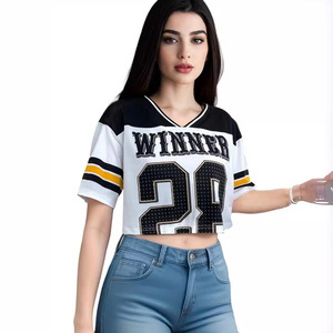 T-<span class=keywords><strong>shirt</strong></span> décontracté pour <span class=keywords><strong>femme</strong></span>, coupe ample, en polyester, à manches courtes, court, décolleté ras du cou, style football américain, pour l'été - Product Image 3