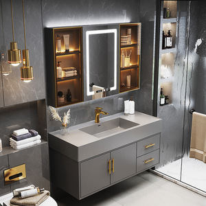 Nouvelle vanité de salle de bain grise avec armoire miroir en nid d'abeille, comptoir gris, vasque intégrée courbée à chaud et corps mural - Product Image 4